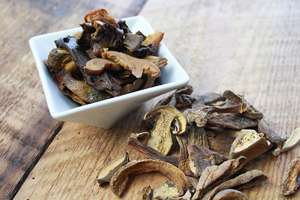 Assorted dried mushrooms in a small white square bowl with dried mushrooms on the side on top of a wooden board.