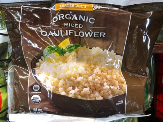 a brown bag of Trader Joe's Organic Riced Cauliflower