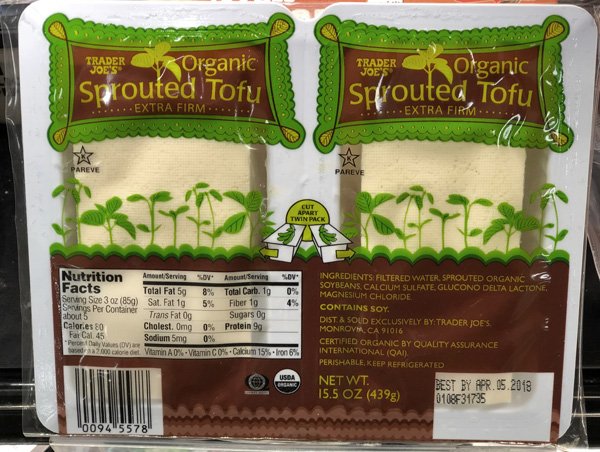A package of Trader Joe's organic sprouted tofu.