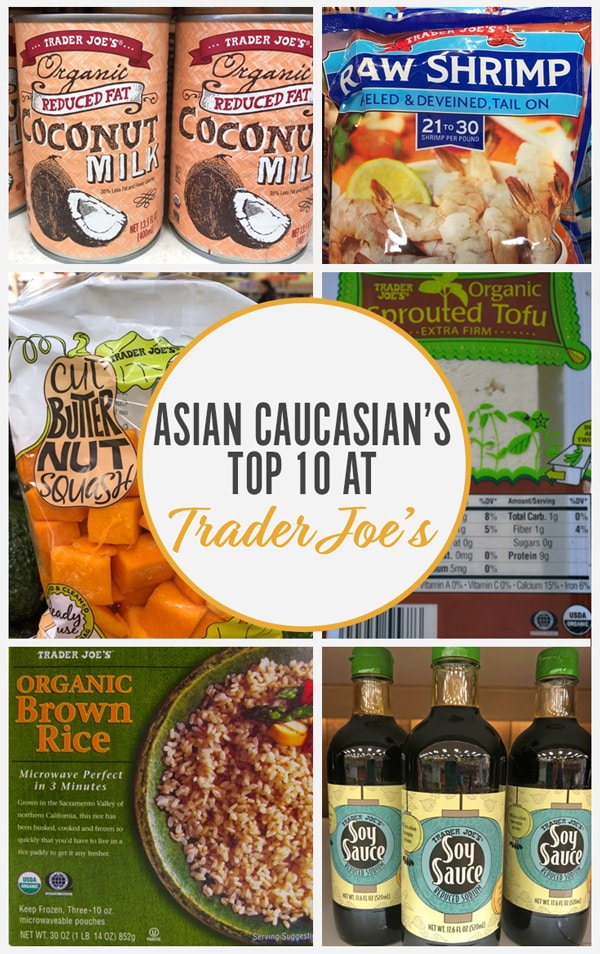 A collage of Trader Joe's products for the top 10 picks for Asian Caucasian.