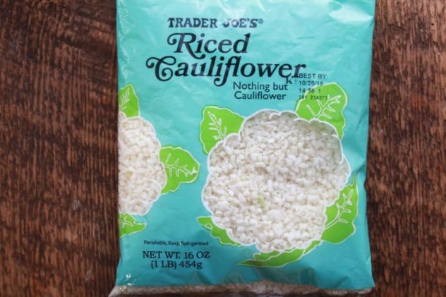 a blue bag of Trader Joe's riced cauliflower