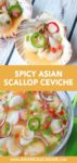 scallop ceviche in a pretty shell bowl and marinating in a glass bowl
