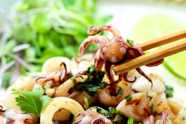 chopsticks holding up a piece of pan- seared calamari above a salad of calamari