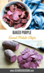 purple Japanese sweet potato chips in a white bowl and slices of purple sweet potatoes on a cutting board with a chefs knife along side