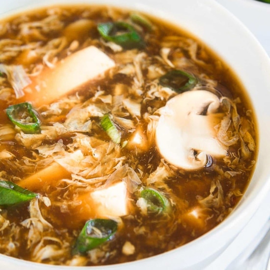 hot and sour soup in a white bowl