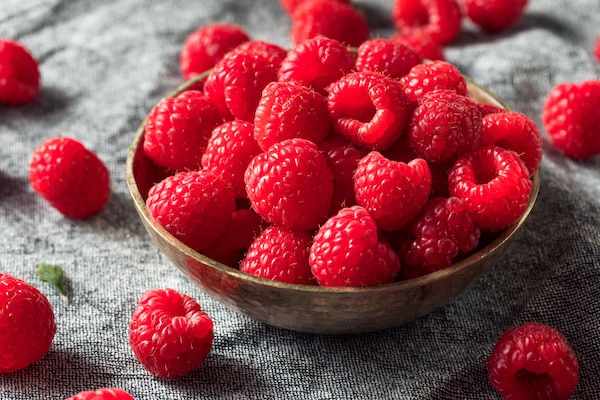 a bowl of raw red raspberries on a gray cloth