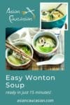 two bowls filled with vibrant wonton soup with a spoon and chopsticks