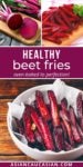 Red beet fries in a white bowl on a wooden board, and raw beets sliced on a wooden cutting board
