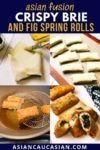 Crispy, golden spring rolls filled with brie and fig on a long white serving platter.