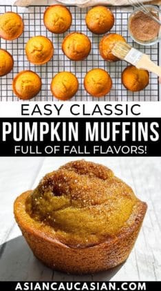 Freshly baked pumpkin muffins on a wire baking rack with a woman brushing the tops with butter.
