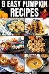 A roundup image of 6 sweet and savory pumpkin recipes for fall including cookies, soup, and pancakes.
