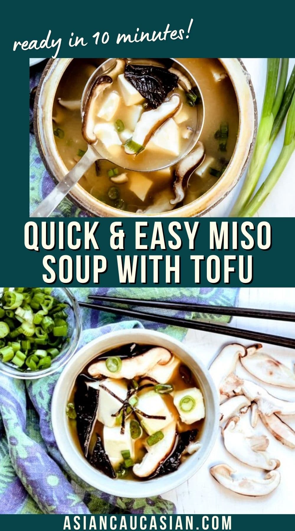 Two bowls filled with delicious miso soup with tofu with herbs and mushrooms on the side.