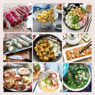 A roundup carousel grid of nine vibrant recipe images from Asian-Inspired Eats, from seafood to salads to soups to appetizers.