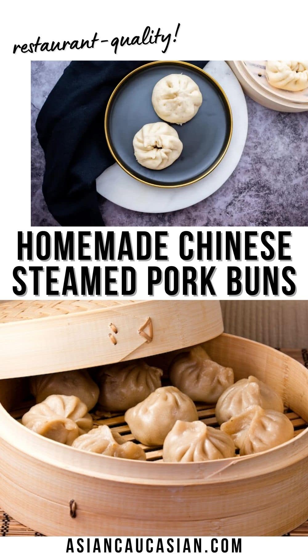 homemade Chinese steamed pork buns in a bamboo steamer and plated on a dark round plate.