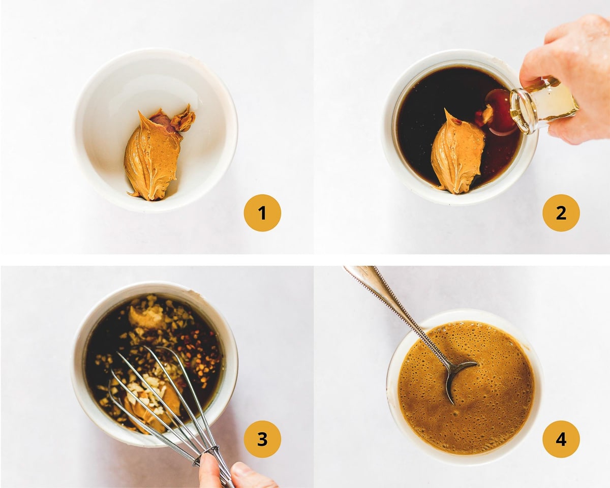4 images with numbered steps for making a peanut dressing.