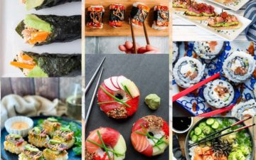 A photo collage of seven sushi recipes on a grid.
