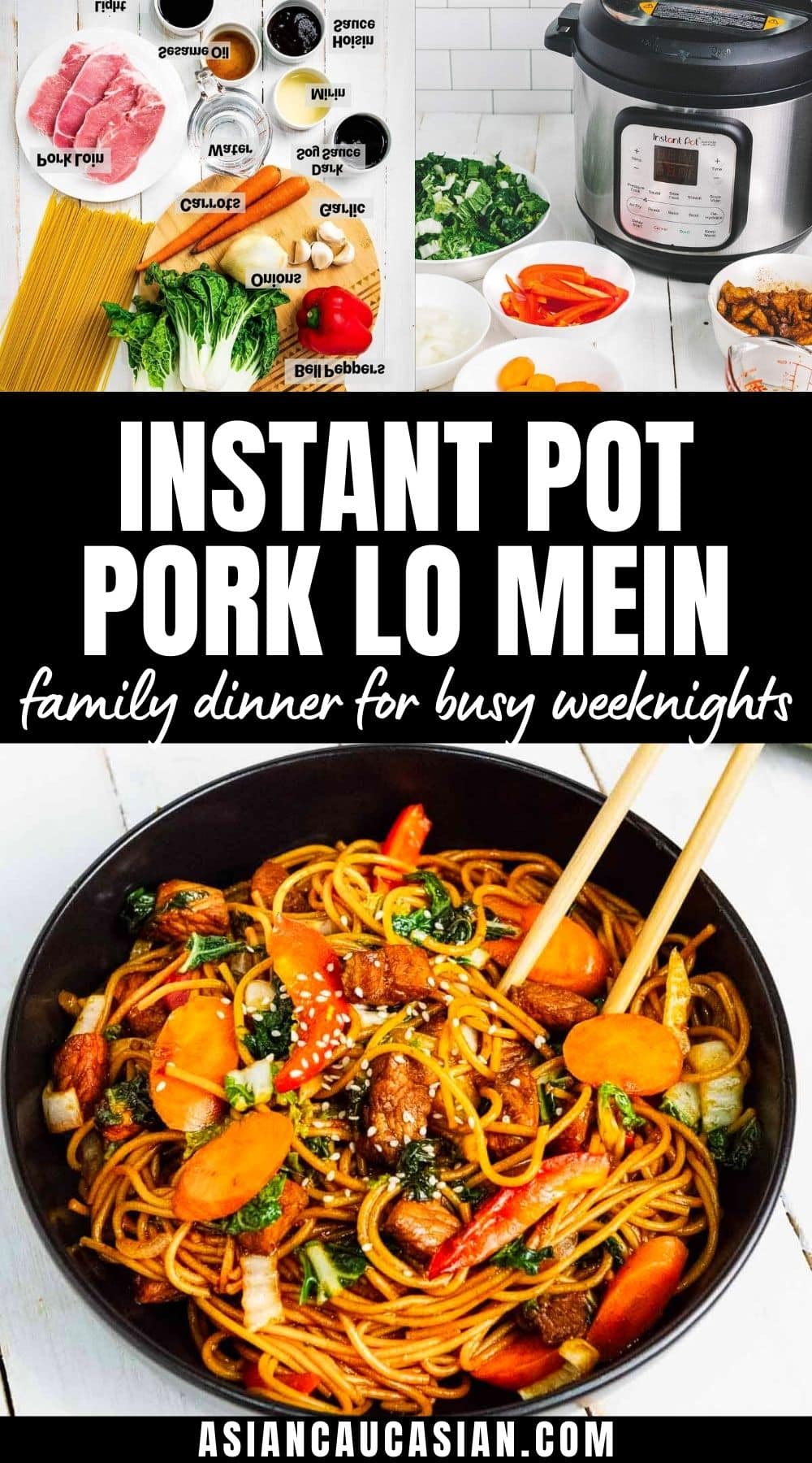 Pork Lo Mein in a black bowl with chopsticks and a green napkin on top of a white board and ingredients images on top.