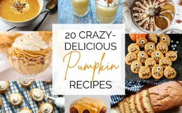 A picture collage of pumpkin recipes for a roundup of 20 Delicious Pumpkin Recipes.