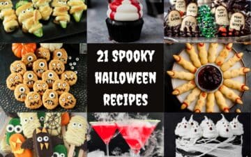 a roundup collage of eight spooky halloween recipes from jalapeño mummies to witch fingers.