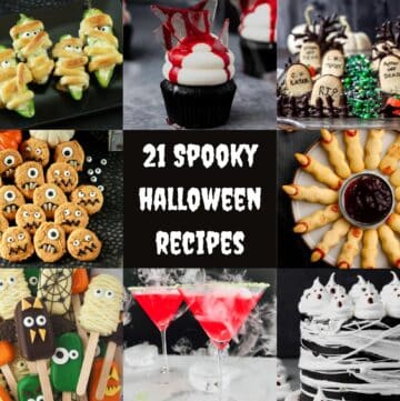 a roundup collage of eight spooky halloween recipes from jalapeño mummies to witch fingers.