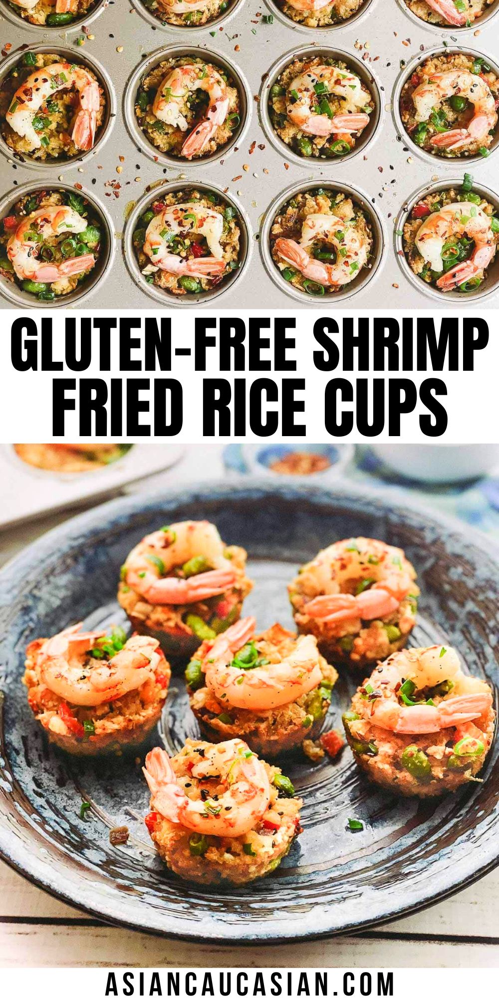 shrimp fried rice cups baked in a muffin tin and on a round plate.