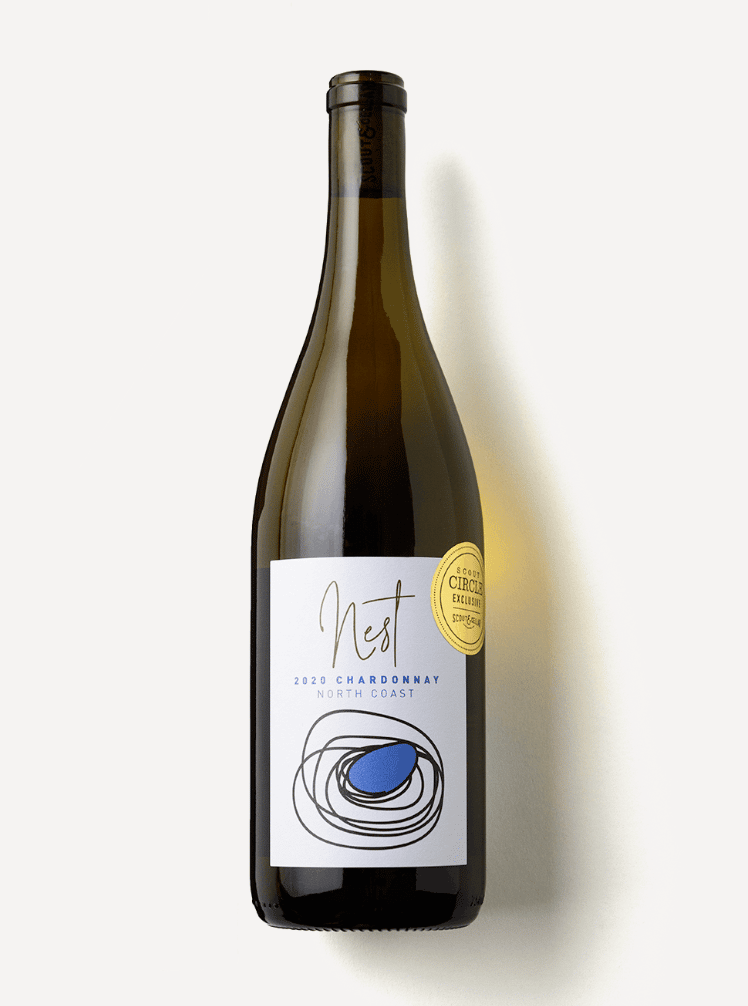 A bottle of Scout and Cellar Nest Chardonnay from California.