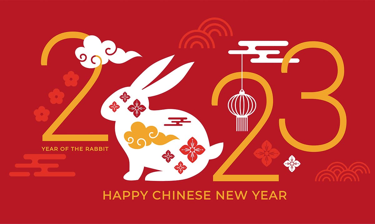 A printed red sign for the 2023 Chinese New Year with a white rabbit.