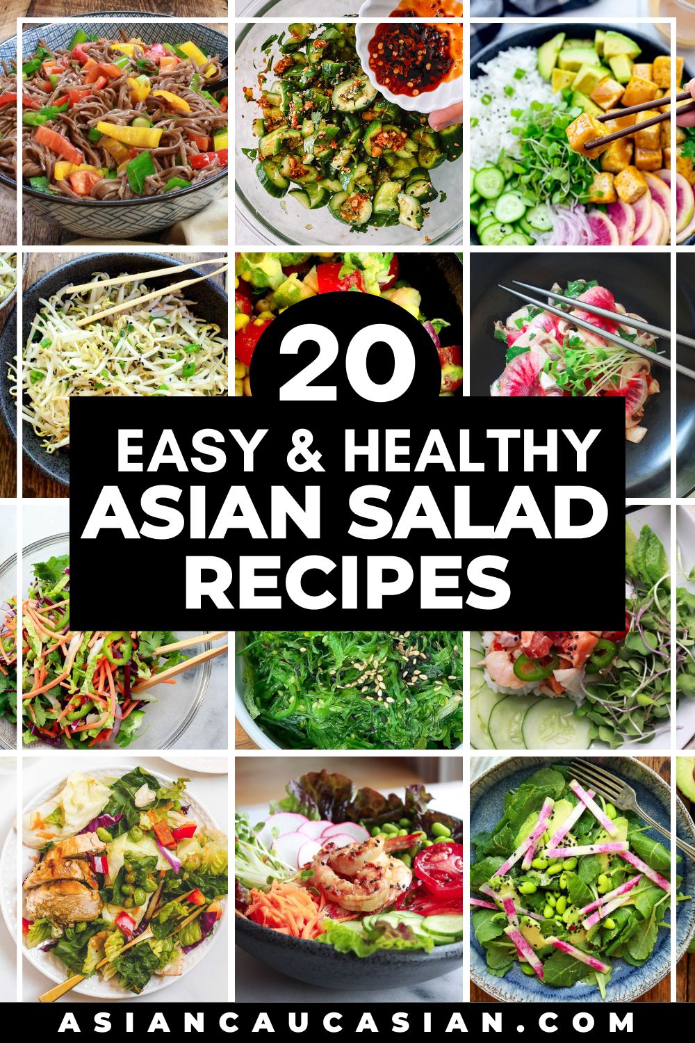 A roundup picture collage of 20 easy and healthy Asian salads.