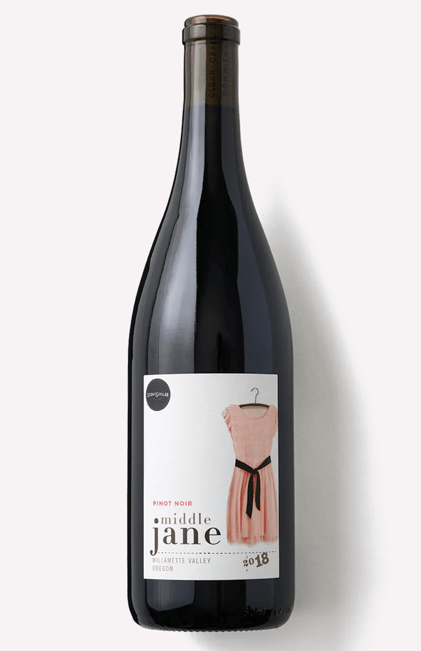 A bottle of Scout & Cellar Middle Jane Pinot Noir on a white background.