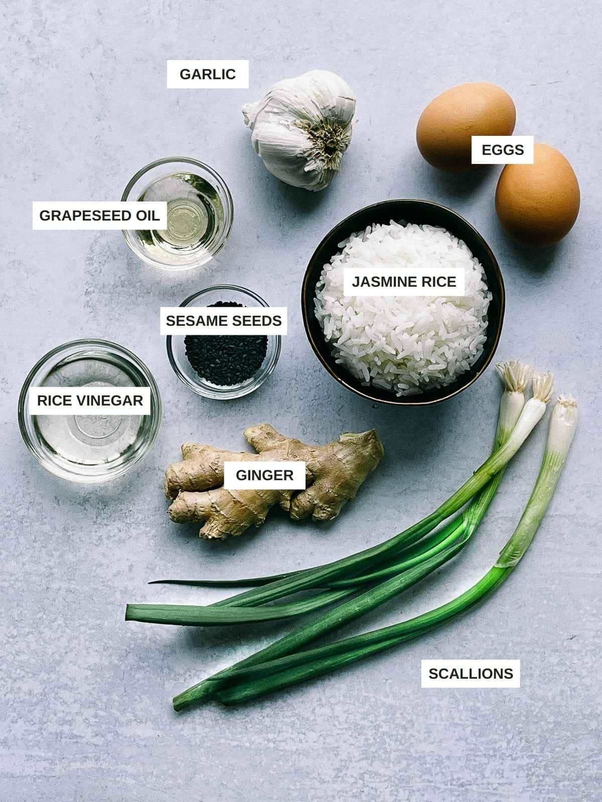 Labeled ingredients for making crispy rice with ginger and scallions placed on top of a gray surface.