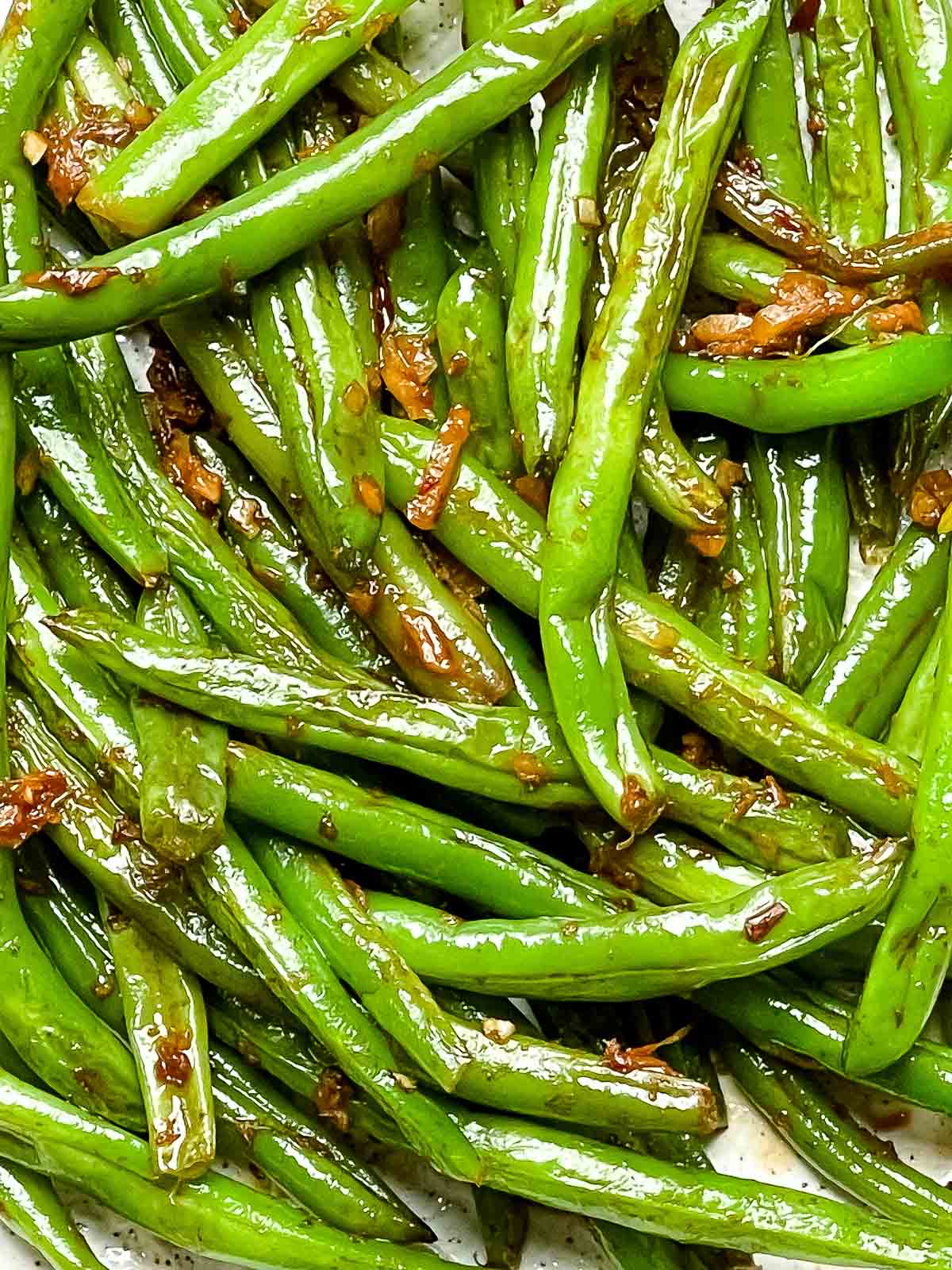 A closeup image of Chinese Garlic Green Beans.