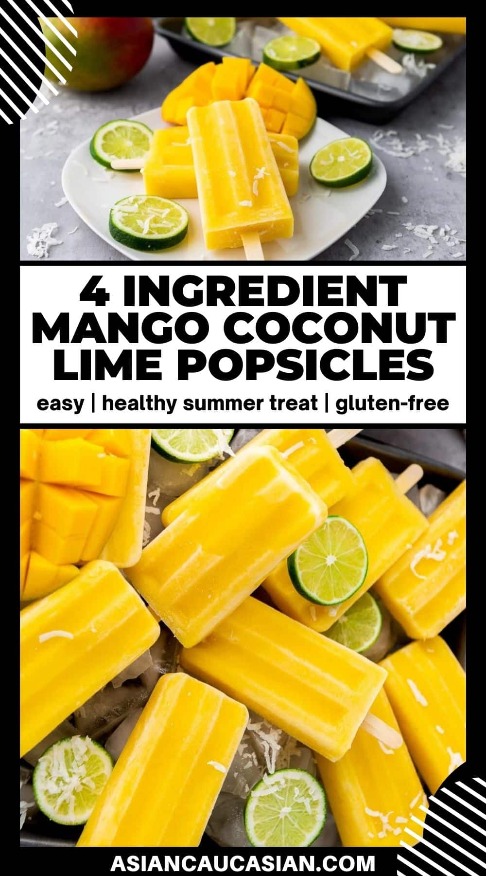 Mango coconut lime popsicles stacked on top of a white plate with lemon slices and more popsicles and a whole mango in the background, on top of a gray surface. And mango popsicles stacked on top of each other on a silver tray with lime slices on top.