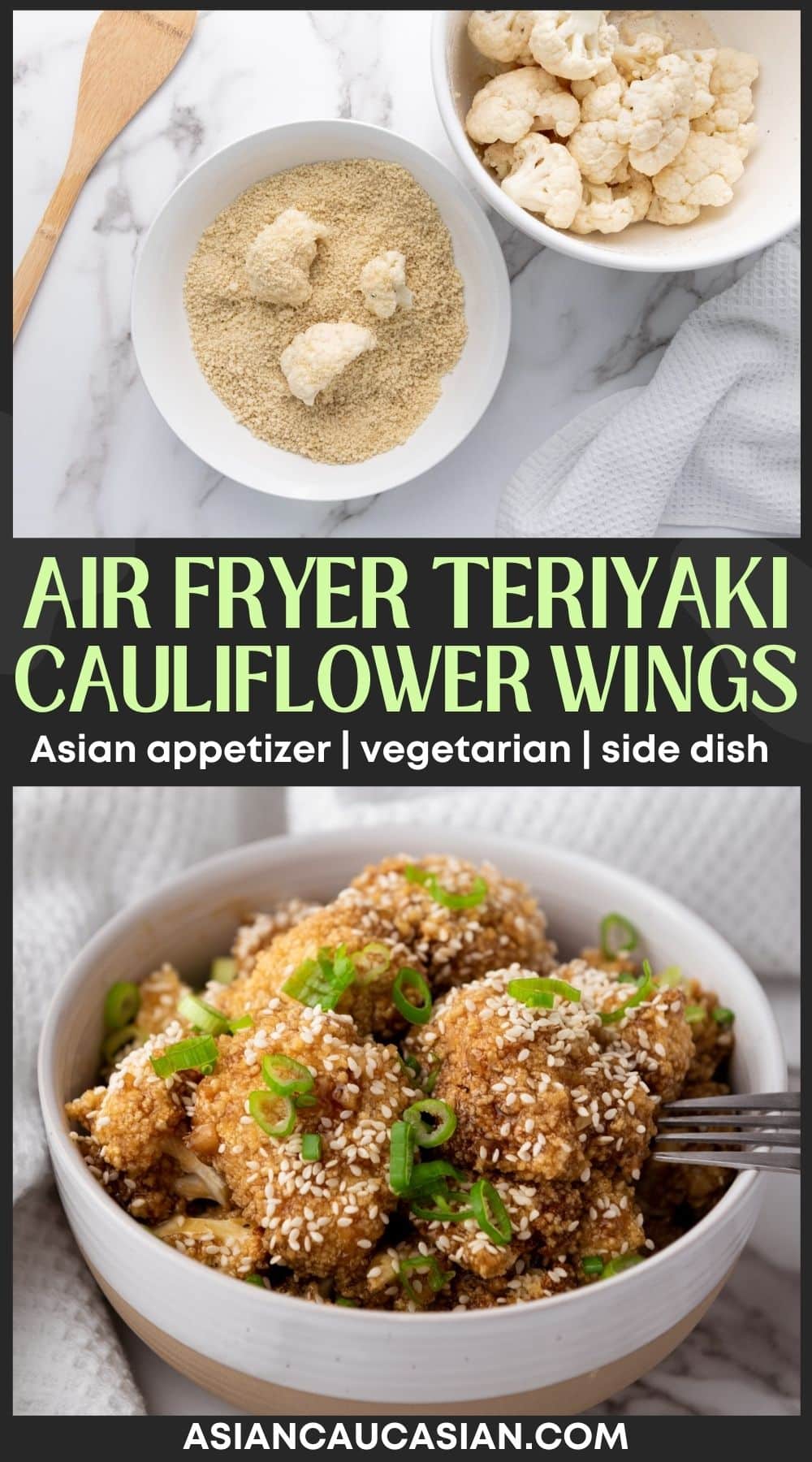 A fork inserted into a white bowl filled with Air Fryer Teriyaki Cauliflower Wings topped with sesame seeds and sliced scallions on top of a marble surface with a white napkin.